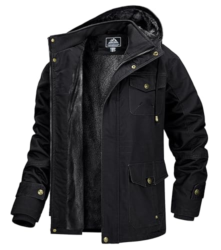 MAGCOMSEN Herren Winterparka Fleece Gefüttert Winterjacke mit Fell Herren Cargo Wintermantel Outdoor Bomberjacke mit 7 Taschen Schwarz M